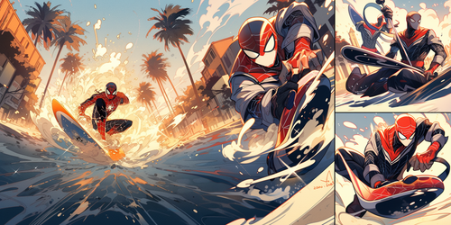 mhoydich visual comic book style spiderman surfing in venice ca e70eb868 af0f 43e7 a73a 995db094803f.png