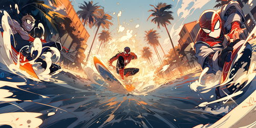 mhoydich visual comic book style spiderman surfing in venice ca 2cf2ed89 2b3f 47d9 89f2 f0a1a7cd38f7.png