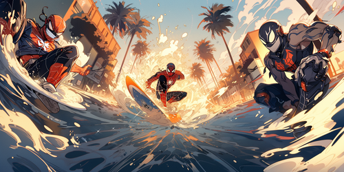 mhoydich visual comic book style spiderman surfing in venice ca 2ae31641 95c2 44ff a44c 1a290ff184b2.png