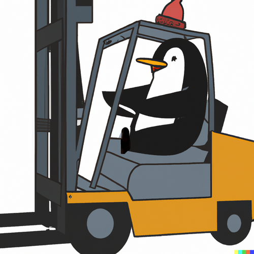 DALL·E 2023 06 29 15.45.00 A cartoon style illustration of a penguin driving a forklift, with a tran.png