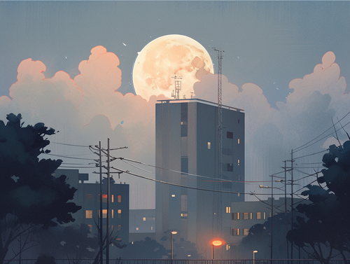 mhoydich painting of the moon lights up two large buildings in 1b627702 b656 4dca a0d8 e3947bce463d.png