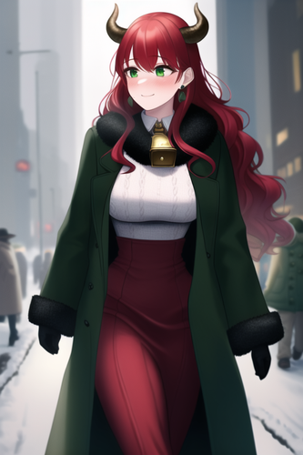 cyberpunk, winter, market, cow girl, red hair, wavy hair, long hair, cow horns, s 3244280631.png
