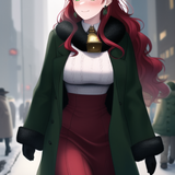 cyberpunk, winter, market, cow girl, red hair, wavy hair, long hair, cow horns, s 3244280631