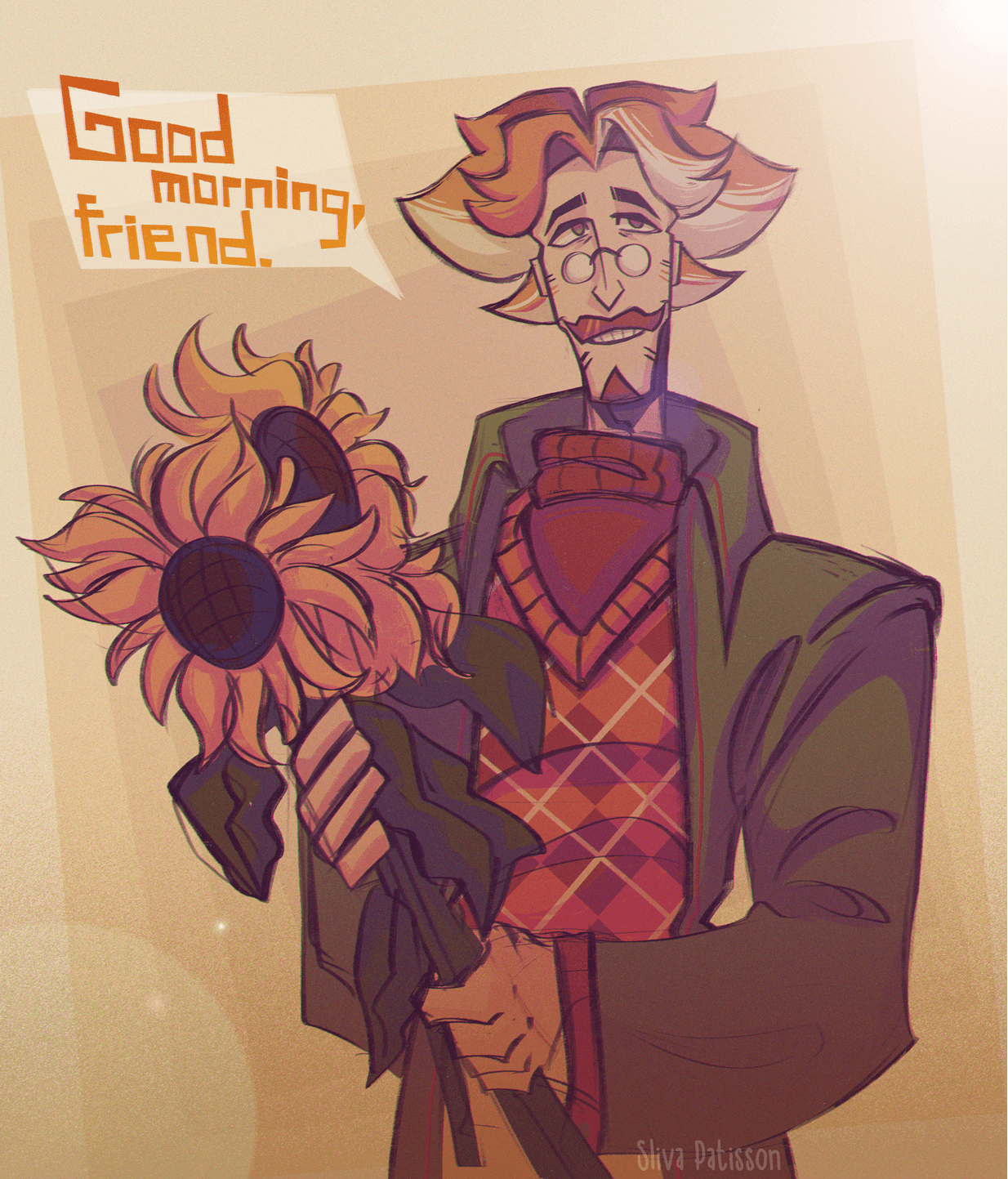 Dr. Sunshine holding sunflowers and greeting