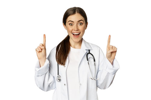 medica jovem entusiasmada sorrindo apontando os dedos para cima vestindo uniforme hospitalar de pe s.png