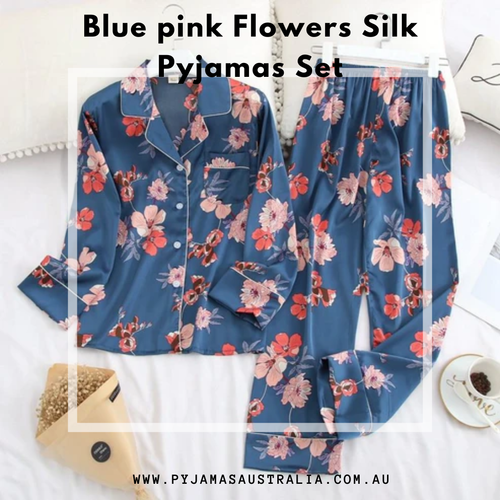 Blue pink Flowers Silk Pyjamas Set.2