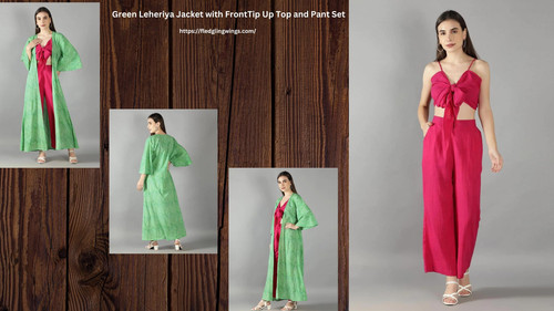Green Leheriya Jacket with FrontTip Up Top and Pant Set.jpg