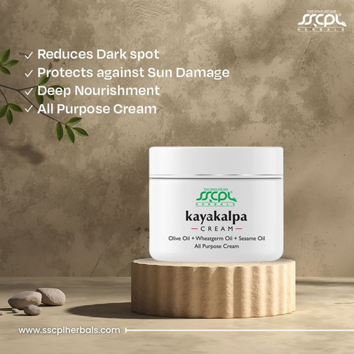 Kayakalpa cream with Wheatgerm Oil and Olive Oil is a natural solution for uneven skin tone, blemishes, and pimples. Its enriched formula provides deep moisturization and hydration, leaving your skin healthy and glowing. Order now to experience the benefits of Kayakalpa's all-purpose cream.