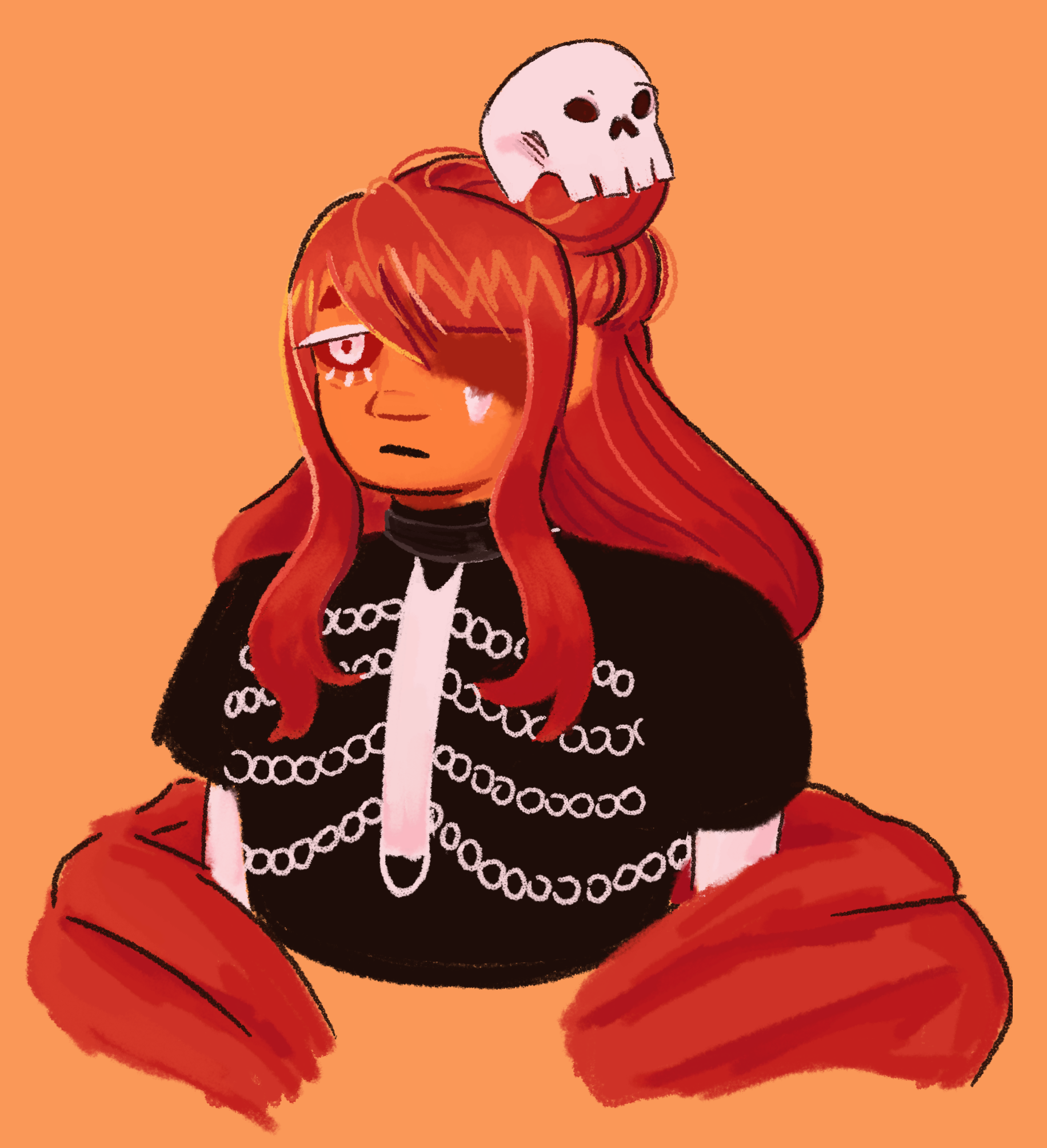 A half body digital drawing of the ribcage witch in a black turtle neck, a chain harness that resembles a rib cage, and she's wearing a skull over their hairbun
