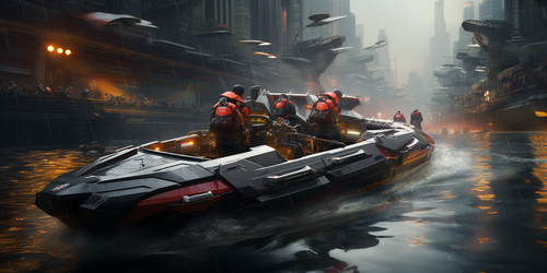 chowmeins cyberpunk futuristic speed boat in city on rain storm 54af7a7d a19e 4fe4 806a 37f0042549c5.png