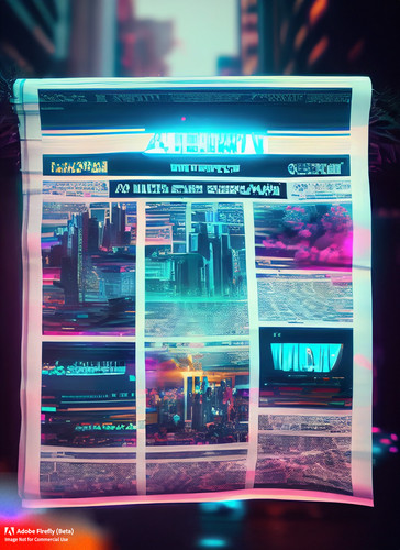 Firefly a+holographic newspaper from a cyberpunk future city displaying classified ads that show as .jpg