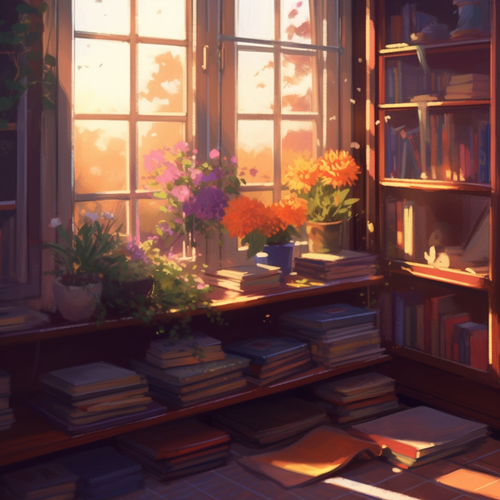 mhoydich an image of a book case by the window with lots of flo 921d0243 51f5 44e5 a1c2 a82920946904.png