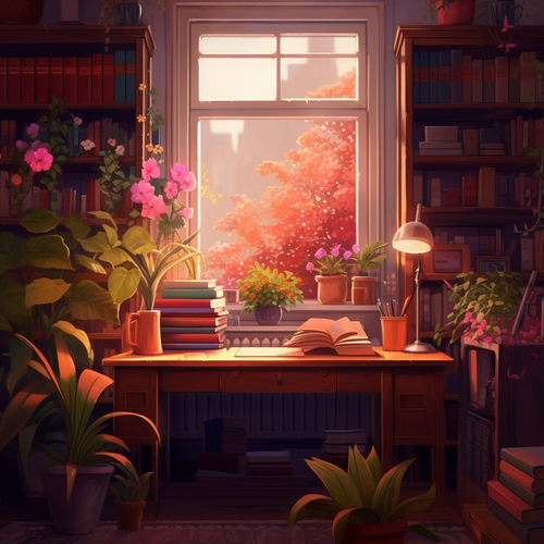mhoydich a white desk with plants books and bookcase in the sty 187edc5d ee13 4de3 81f2 e739f42a1b6e.png