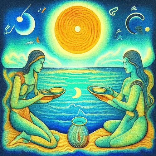 ayahuasca seashore people drinking from bowls glowing chakras gankyils music notation loving acacia .png