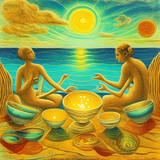 ayahuasca seashore people drinking from bowls glowing chakras gankyils music notation loving acacia 