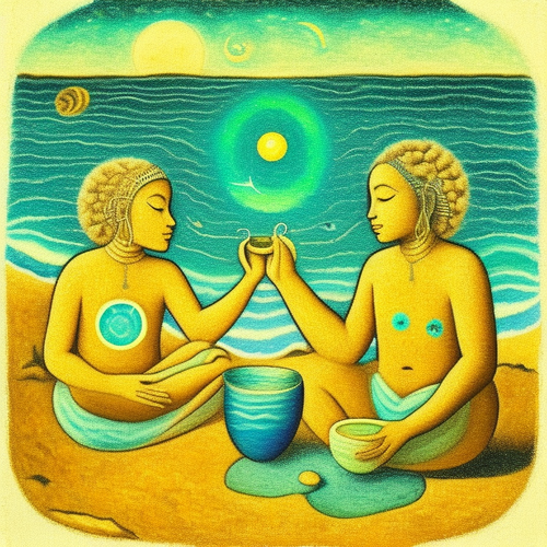 ayahuasca seashore people drinking from bowls glowing chakras gankyils music notation loving acacia .png