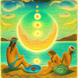 ayahuasca seashore people drinking from bowls glowing chakras gankyils music notation loving acacia 