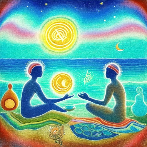 ayahuasca seashore people drinking from bowls .. solar lunar radiance dolphinpeople yantras cumulus .png
