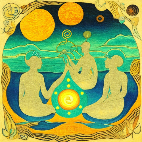 ayahuasca seashore people drinking from bowls glowing chakras gankyils music notation loving acacia .png