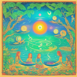 ayahuasca seashore people drinking from bowls glowing chakras gankyils music notation loving acacia 