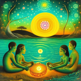 ayahuasca seashore people drinking from bowls glowing chakras gankyils music notation loving acacia 