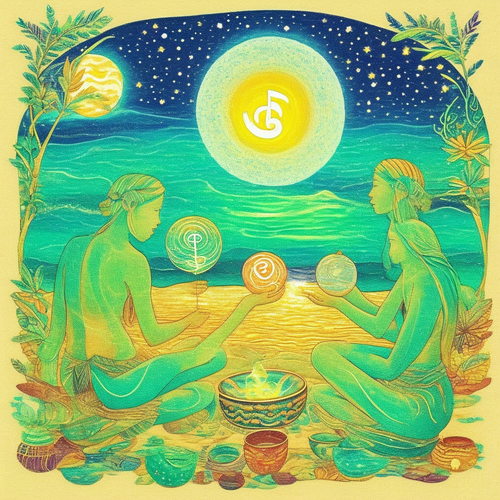 ayahuasca seashore people drinking from bowls glowing chakras gankyils music notation loving acacia .png