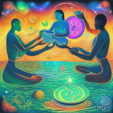 ayahuasca seashore people drinking from bowls glowing chakras gankyils music notation loving acacia 