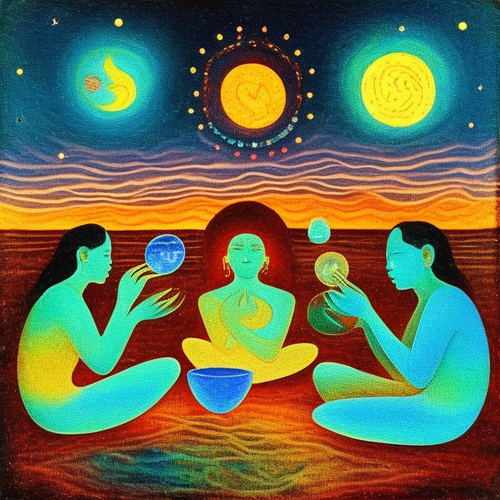 ayahuasca seashore people drinking from bowls glowing chakras gankyils music notation loving acacia .png