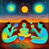 ayahuasca seashore people drinking from bowls glowing chakras gankyils music notation loving acacia 