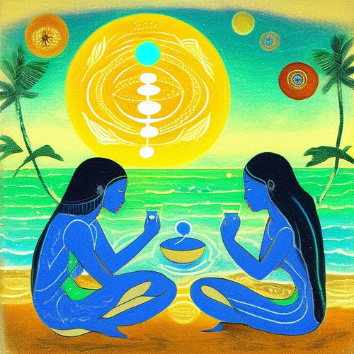 ayahuasca seashore people drinking from bowls glowing chakras gankyils music notation loving acacia .png