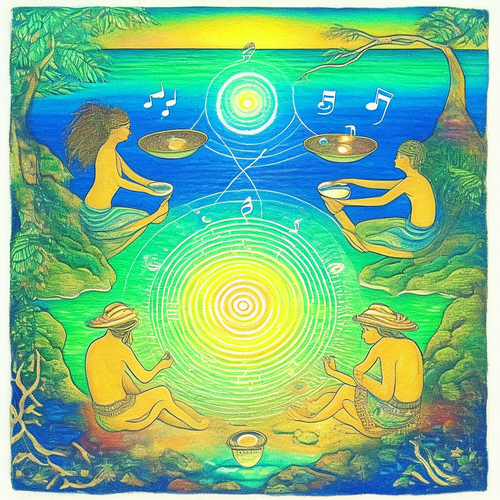 ayahuasca seashore people drinking from bowls glowing chakras gankyils music notation loving acacia .png