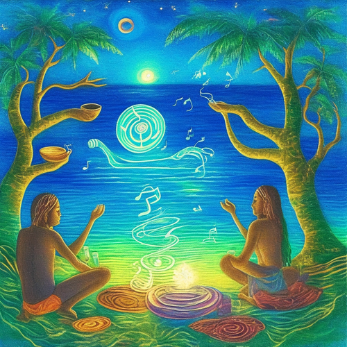 ayahuasca seashore people drinking from bowls glowing chakras gankyils music notation loving acacia .png