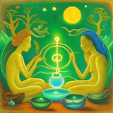 ayahuasca seashore people drinking from bowls glowing chakras gankyils music notation loving acacia 