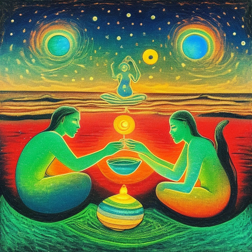 ayahuasca seashore people drinking from bowls glowing chakras gankyils music notation loving acacia .png