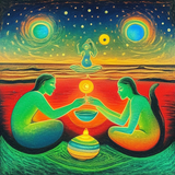 ayahuasca seashore people drinking from bowls glowing chakras gankyils music notation loving acacia 
