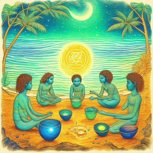 ayahuasca seashore people drinking from bowls glowing chakras gankyils music notation loving acacia .png