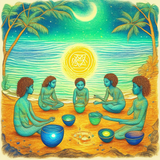 ayahuasca seashore people drinking from bowls glowing chakras gankyils music notation loving acacia 