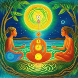 ayahuasca seashore people drinking from bowls glowing chakras gankyils music notation loving acacia 