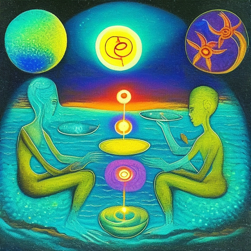 ayahuasca seashore people drinking from bowls glowing chakras gankyils music notation loving acacia .png