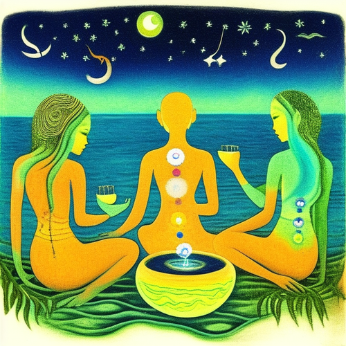 ayahuasca seashore people drinking from bowls glowing chakras gankyils music notation loving acacia .png