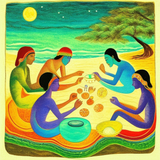 ayahuasca seashore people drinking from bowls glowing chakras gankyils music notation loving acacia 