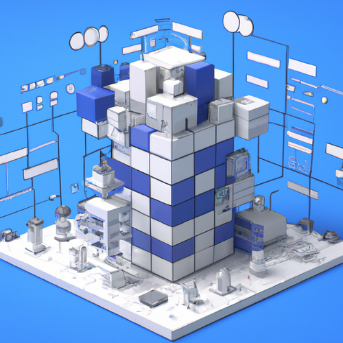 Create a 3D illustration of a high level IT architecture. The image should look like a blueprint wit.png