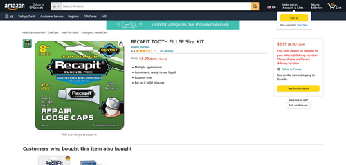 Screenshot 2023 08 24 at 08 23 17 Amazon.com RECAPIT TOOTH FILLER Size KIT Health & Household.png