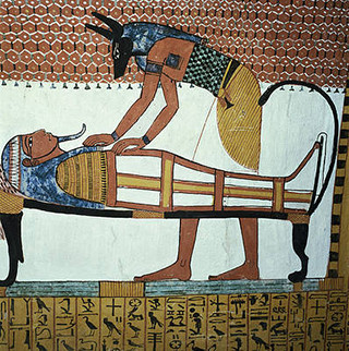 anubis and a mummy from the tomb of sennedjem the workers village new kingdom mural see egyptian 19t.jpg