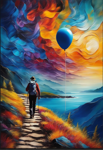 fantastic landscape along a path up the mountains and a backpacker man walking and holding a balloon.png