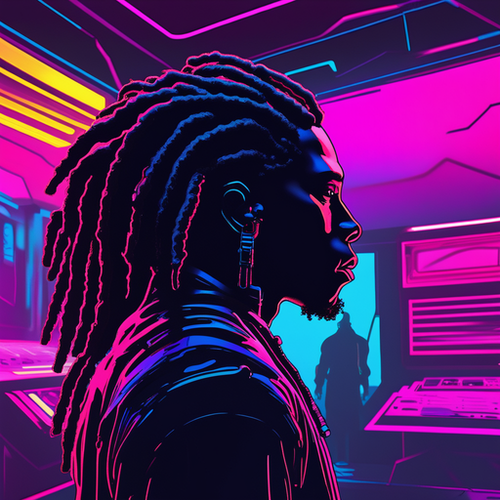 draw a silhouette of a black man with dreads looking in the distance inside a synthwave style room 9.png