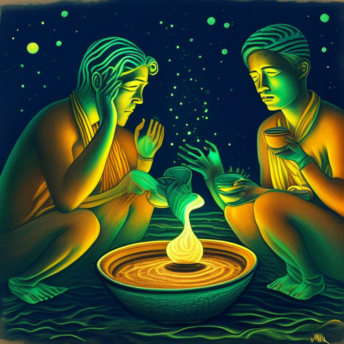 ayahuasca acacia nilotica people drinking from bowls surrealist emotive lunar seashore passionate in.png