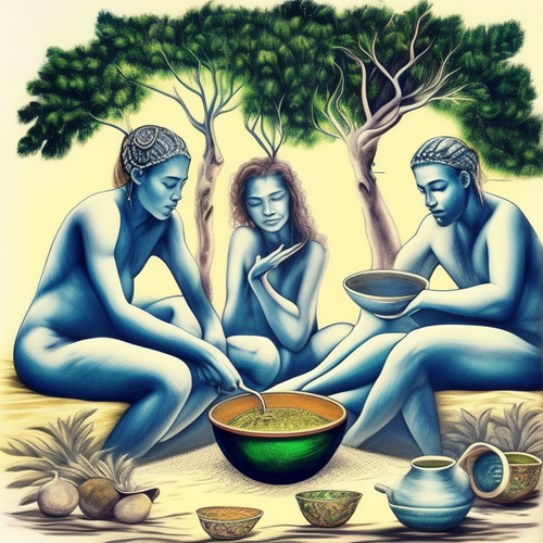 ayahuasca acacia nilotica people drinking from bowls surrealist emotive lunar seashore passionate in.png