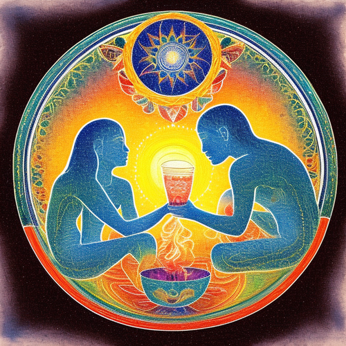 ayahuasca seashore acacia nilotica psychic spirit people drinking from bowls translucent paint splas.png