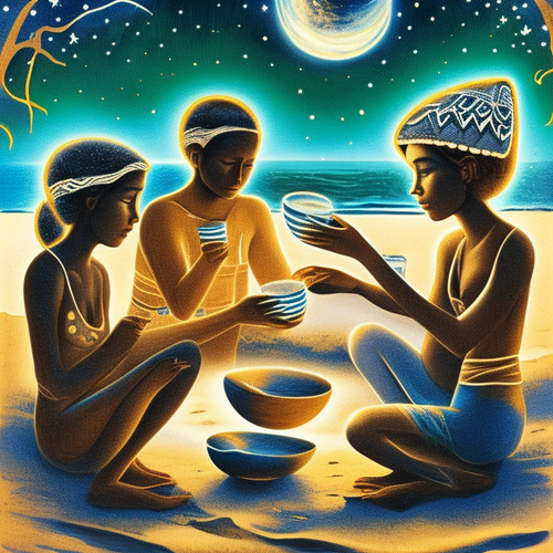 ayahuasca acacia nilotica people drinking from bowls surrealist solar symbols emotive lunar seashore.png